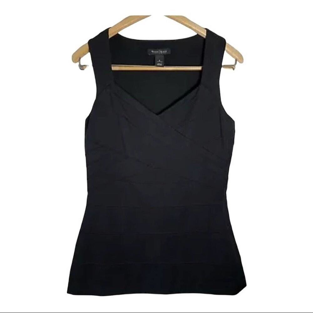WHBM Sleeveless Black V Neck Tailored Ribbed Detail Lined Body Con Top Small